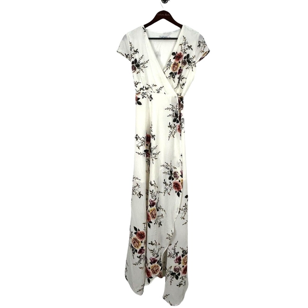Showpo Womens Size 14 Cream Floral Wrap Coss Maxi Dress Cap Sleeves Flowy T4